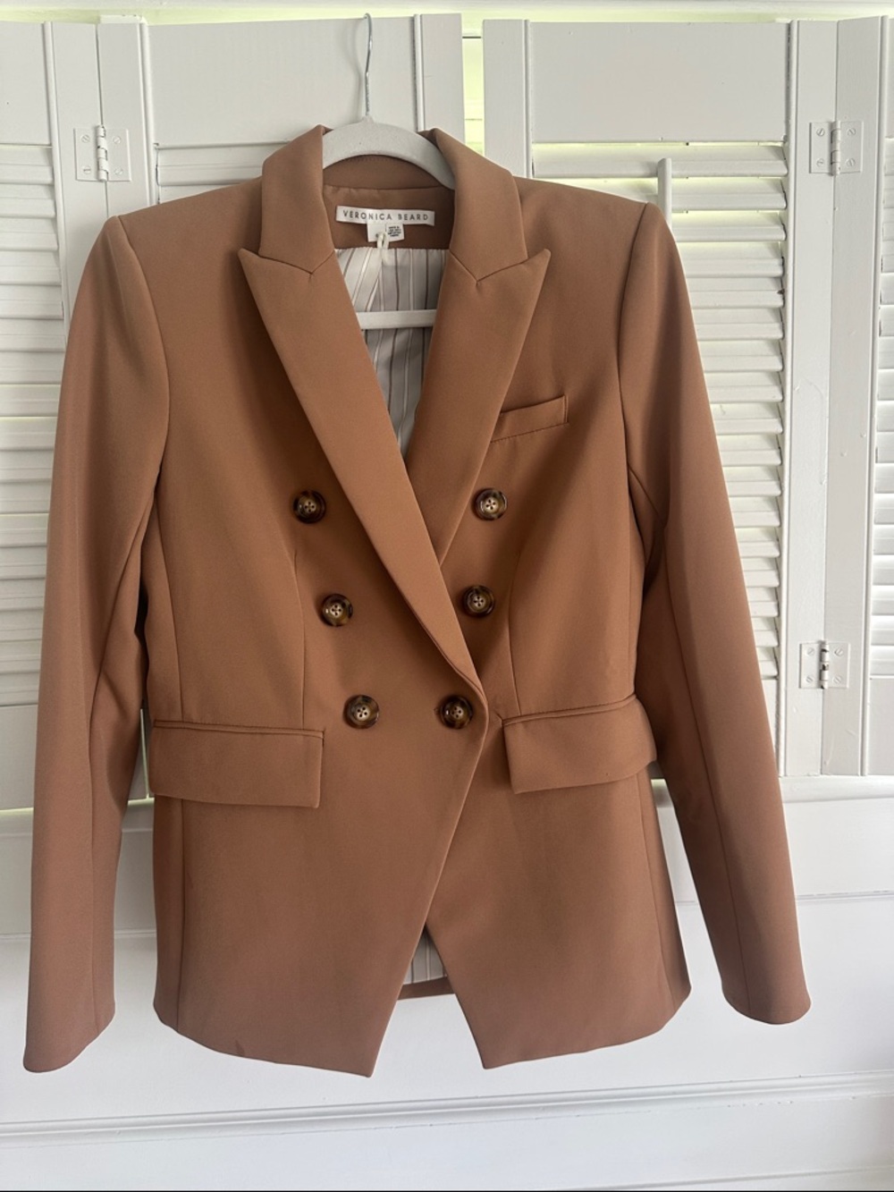 Veronica Beard Double-Breasted Dickey Blazer in Camel